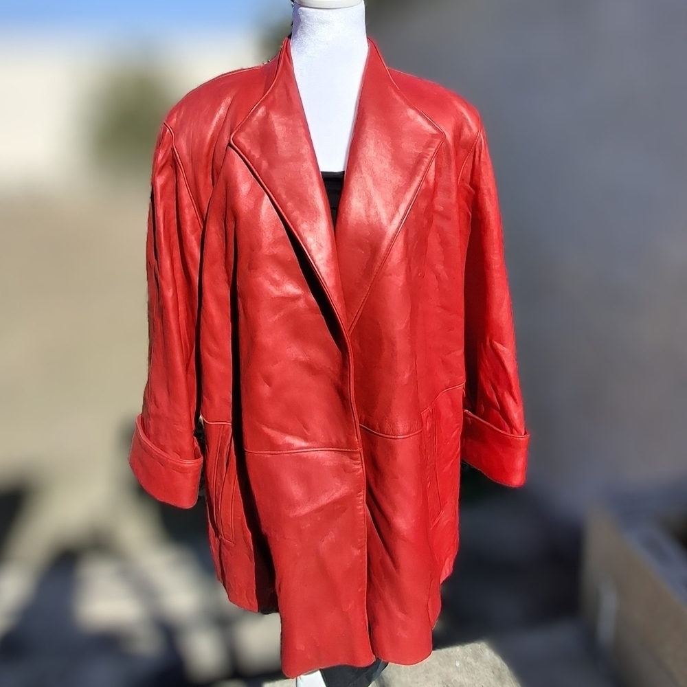 Koslow's Red Leather Open-Front Over-Sized Jacket Coat Women Size Small-Medium